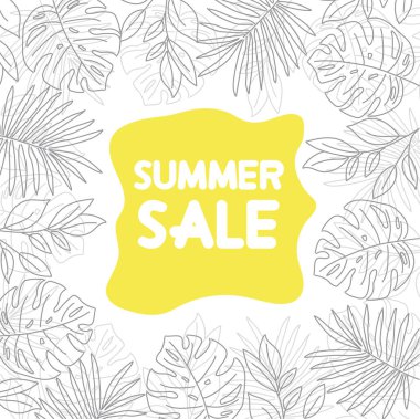 Tropikal yapraklı yaz indirimi afişi. Yaz afişi. Vektör.