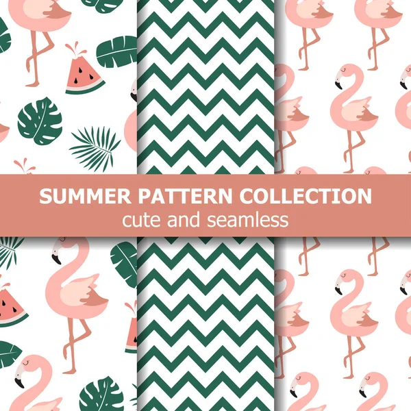 Summer Pattern Collection Flamingo Watermelon Theme Summer Banner Vector — Vector de stock