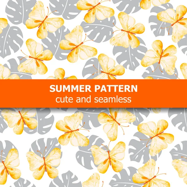 Watercolor Pattern Butterflies Exotic Leaves Summer Banner Vector - Stok Vektor