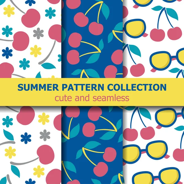 Summer Pattern Collection Cherries Sunglasses Summer Banner Vector - Stok Vektor