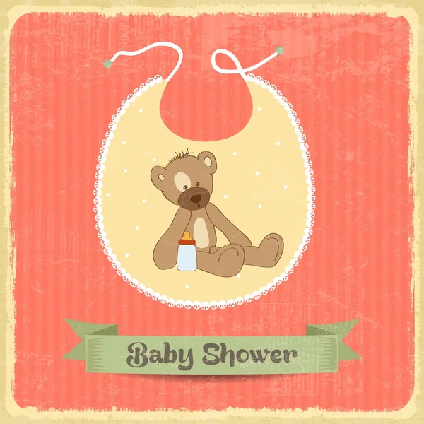Cartão de banho retro bebê com ursinho de pelúcia — Vetor de Stock