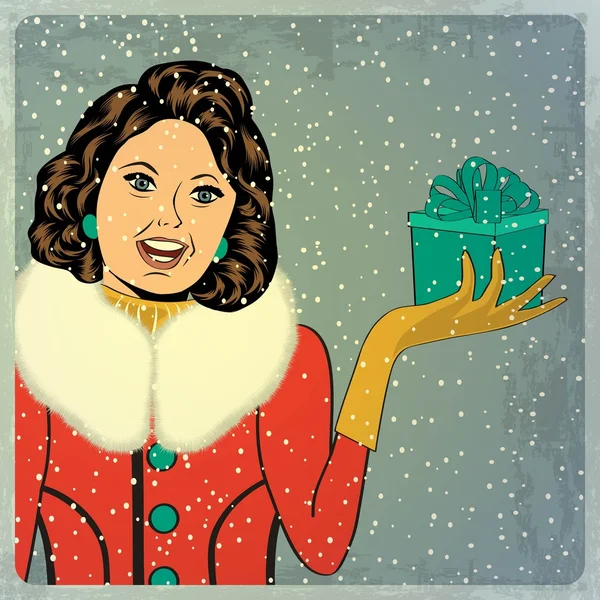Mulher jovem e feliz elegante no inverno, cartão de Natal retro — Vetor de Stock