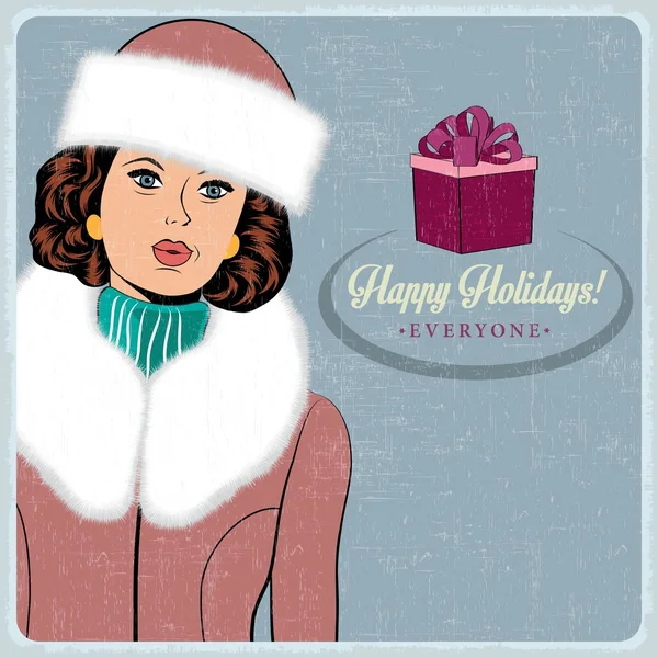 Elegant young and happy woman in winter, retro Christmas card — Stock Vector