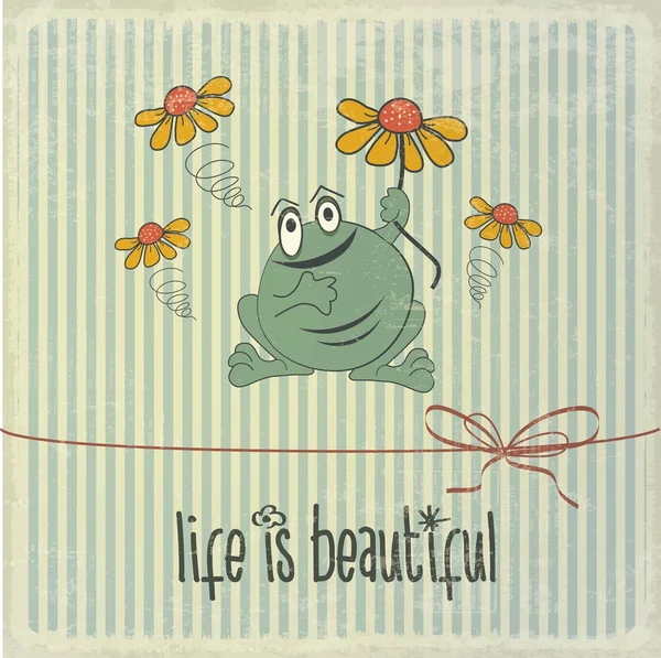 Retro illustration with happy frog and phrase "Life is beautiful — Stock Vector