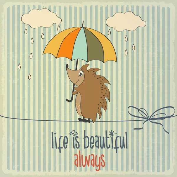 Ilustración retro con erizo feliz y frase "La vida es bella — Vector de stock
