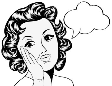 Çizgi roman tarzında, mesajlı sevimli bir retro kadın.