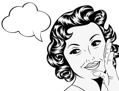 Çizgi roman tarzında, mesajlı sevimli bir retro kadın.