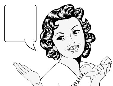 Çizgi roman tarzında, mesajlı sevimli bir retro kadın.