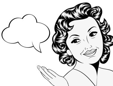 Çizgi roman tarzında, mesajlı sevimli bir retro kadın.