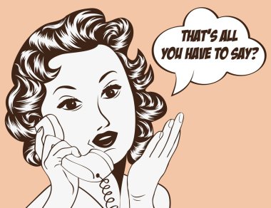 Çizgi roman tarzında, mesajlı sevimli bir retro kadın.