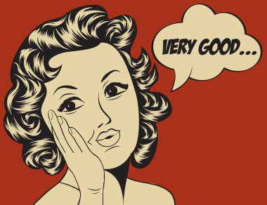 Çizgi roman tarzında, mesajlı sevimli bir retro kadın.