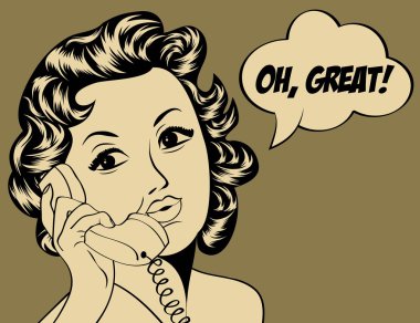 Çizgi roman tarzında, mesajlı sevimli bir retro kadın.