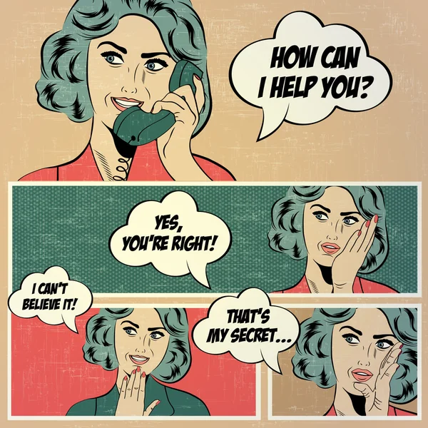 Εικονογραφήσεις για βιβλία κόμικς με ρετρό γυναίκα στο pop στυλ art — Διανυσματικό Αρχείο