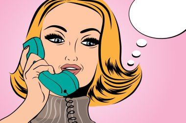 telefonda konuşurken çizgi roman tarzı pop sanat sevimli retro kadında