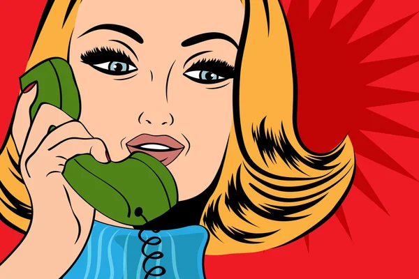 Pop-art roztomilé retro žena ve stylu komiksů mluví po telefonu — Stockový vektor