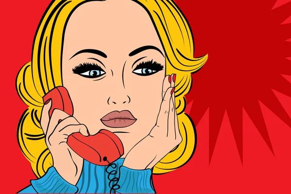 Arte pop mujer retro en el estilo de los cómics hablando por teléfono — Vector de stock