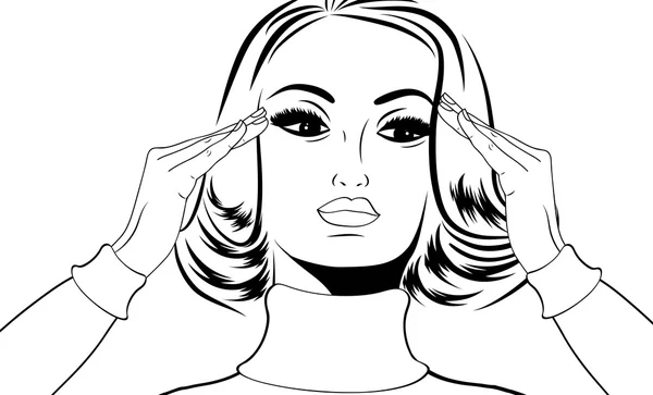 片頭痛を持つコミック スタイルのポップアート レトロな女性 — ストックベクタ