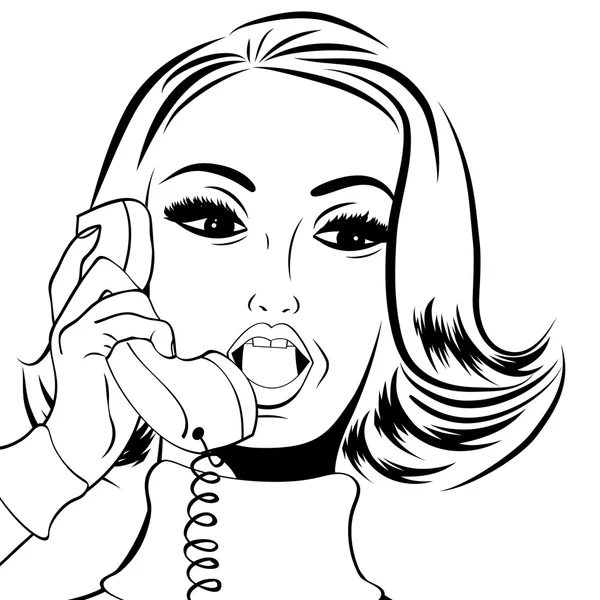 Pop art carino donna retrò in stile fumetti parlando al telefono — Vettoriale Stock