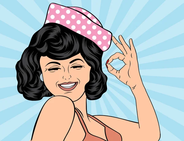 Pop sanat sevimli retro kadın çizgi roman tarzı gülüyor içinde — Stok Vektör