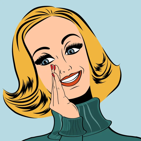 Pop sanat sevimli retro kadın çizgi roman tarzı gülüyor içinde — Stok Vektör