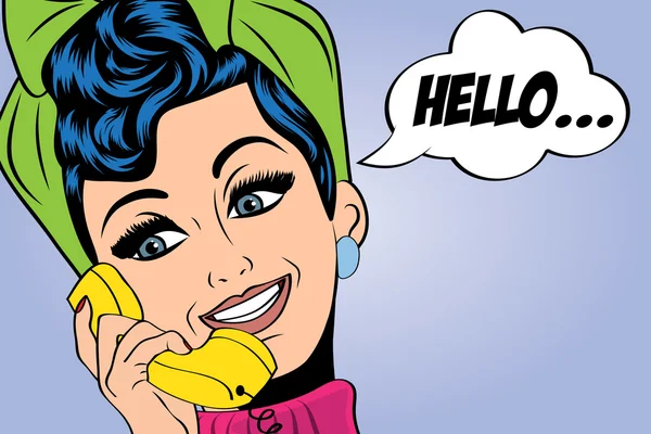 Pop-art roztomilé retro žena ve stylu komiksů mluví po telefonu — Stockový vektor