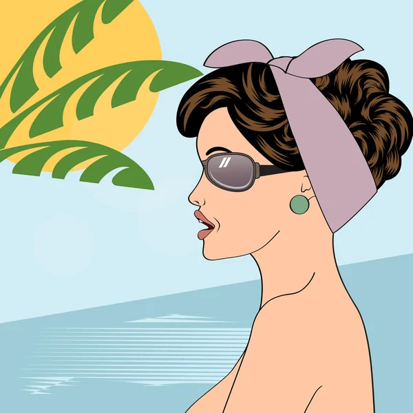 Chica de arte pop caliente en una playa — Vector de stock