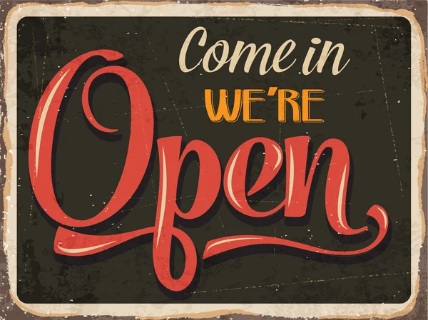 Retro metal ondertekenen "Come in we open" — Stockvector