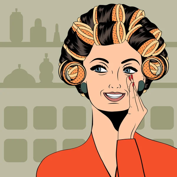 Mulher com encrespadores no cabelo — Vetor de Stock