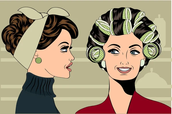 Mujer con rulos en el pelo hablando con su amiga — Vector de stock