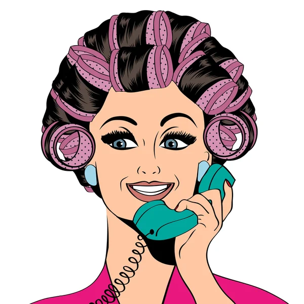 Woman with curlers in their hair talking at phone, isolated on w — Stock Vector