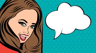 Çizgi roman tarzında, mesajlı sevimli bir retro kadın.