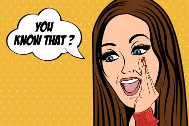 Çizgi roman tarzında, mesajlı sevimli bir retro kadın.