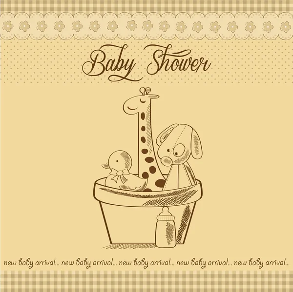 Kaart van de baby douche met retro speelgoed — Stockvector