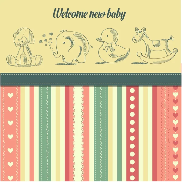 Novo cartão de anúncio do bebê com brinquedos retro — Vetor de Stock