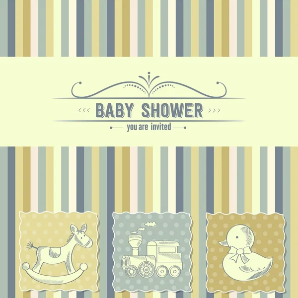 Kaart van de baby douche met retro speelgoed — Stockvector