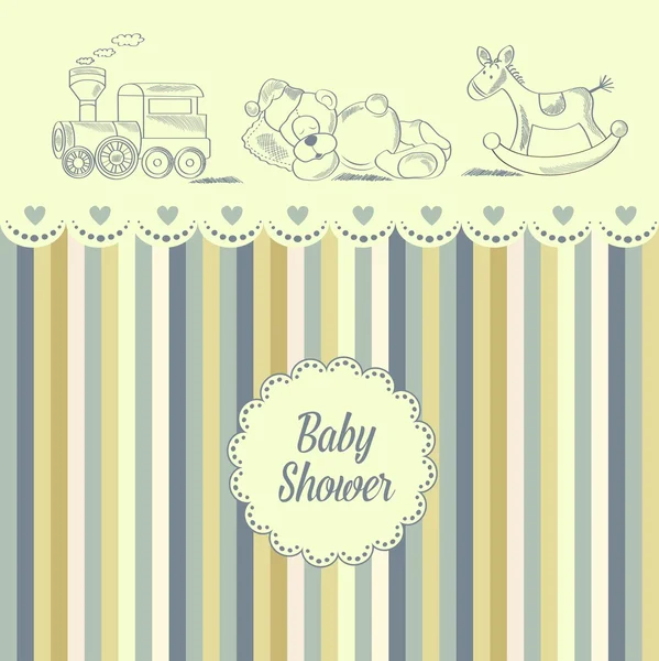 Kaart van de baby douche met retro speelgoed — Stockvector