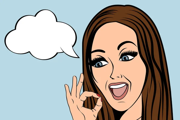 Wanita retro lucu dalam gaya komik dengan tanda ok Stok Vektor