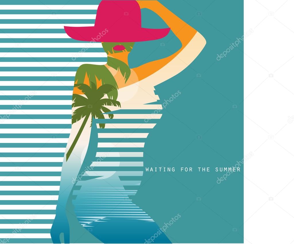 Vector double exposure illustration. Woman in swimsuit