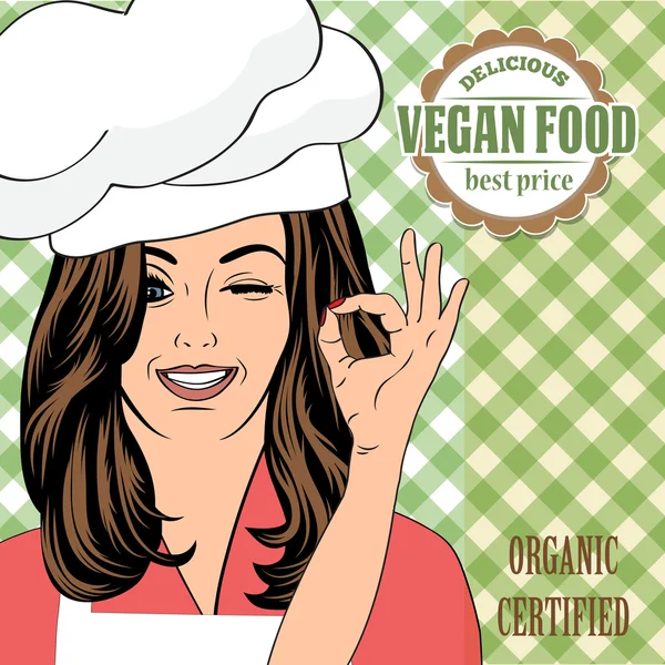 Vegan banner de publicitate alimentară cu o doamnă frumoasă — Vector de stoc