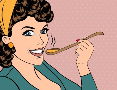 Pop sanat retro kadın ona yemek tatma önlük ile