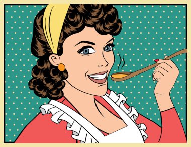 Pop sanat retro kadın ona yemek tatma önlük ile