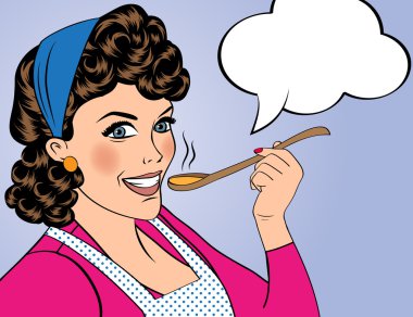 Pop sanat retro kadın ona yemek tatma önlük ile
