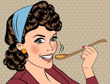 Pop sanat retro kadın ona yemek tatma önlük ile