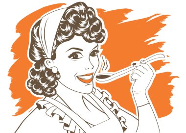 pop art retro woman with apron tasting her food clipart