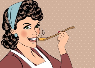 Pop sanat retro kadın ona yemek tatma önlük ile