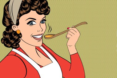 Pop sanat retro kadın ona yemek tatma önlük ile