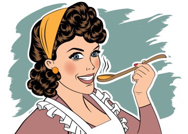 Pop sanat retro kadın ona yemek tatma önlük ile