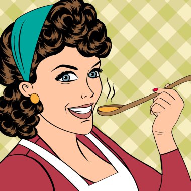 Pop sanat retro kadın ona yemek tatma önlük ile