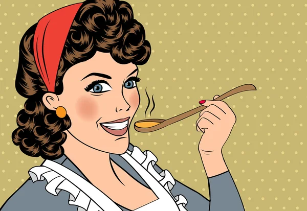 Arte pop mujer retro con delantal degustación de su comida — Vector de stock