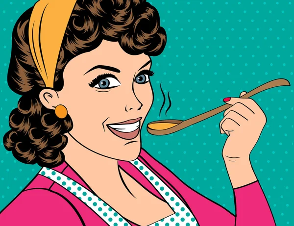 Popart retro vrouw met schort haar eten proeven — Stockvector